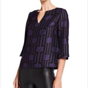 Trina Turk Blue and Black Geometric 3/4 Sleeve Blouse Size Medium GUC
